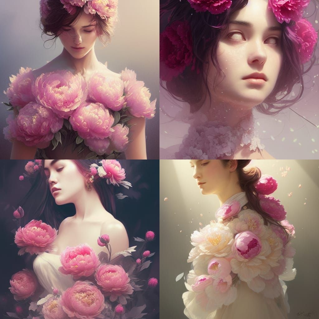 Peony Flower Dress Portrait in Hyperdetailed Style