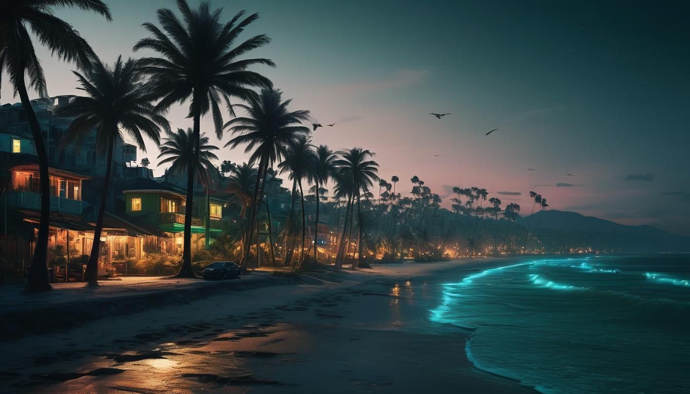 Palm Beach Promenade at Night in Surreal Style