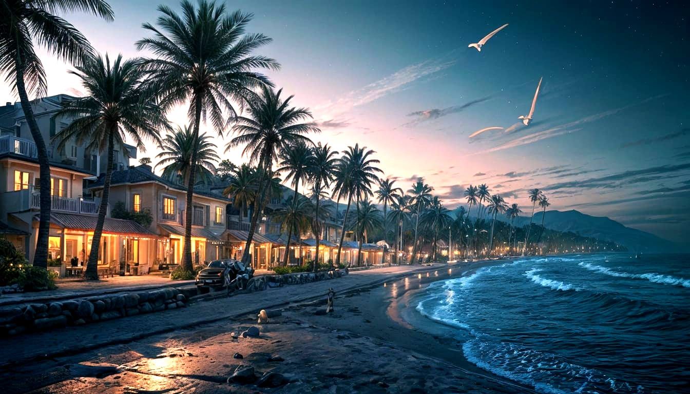 Palm Beach Promenade at Night, Detailed Matte Painting
