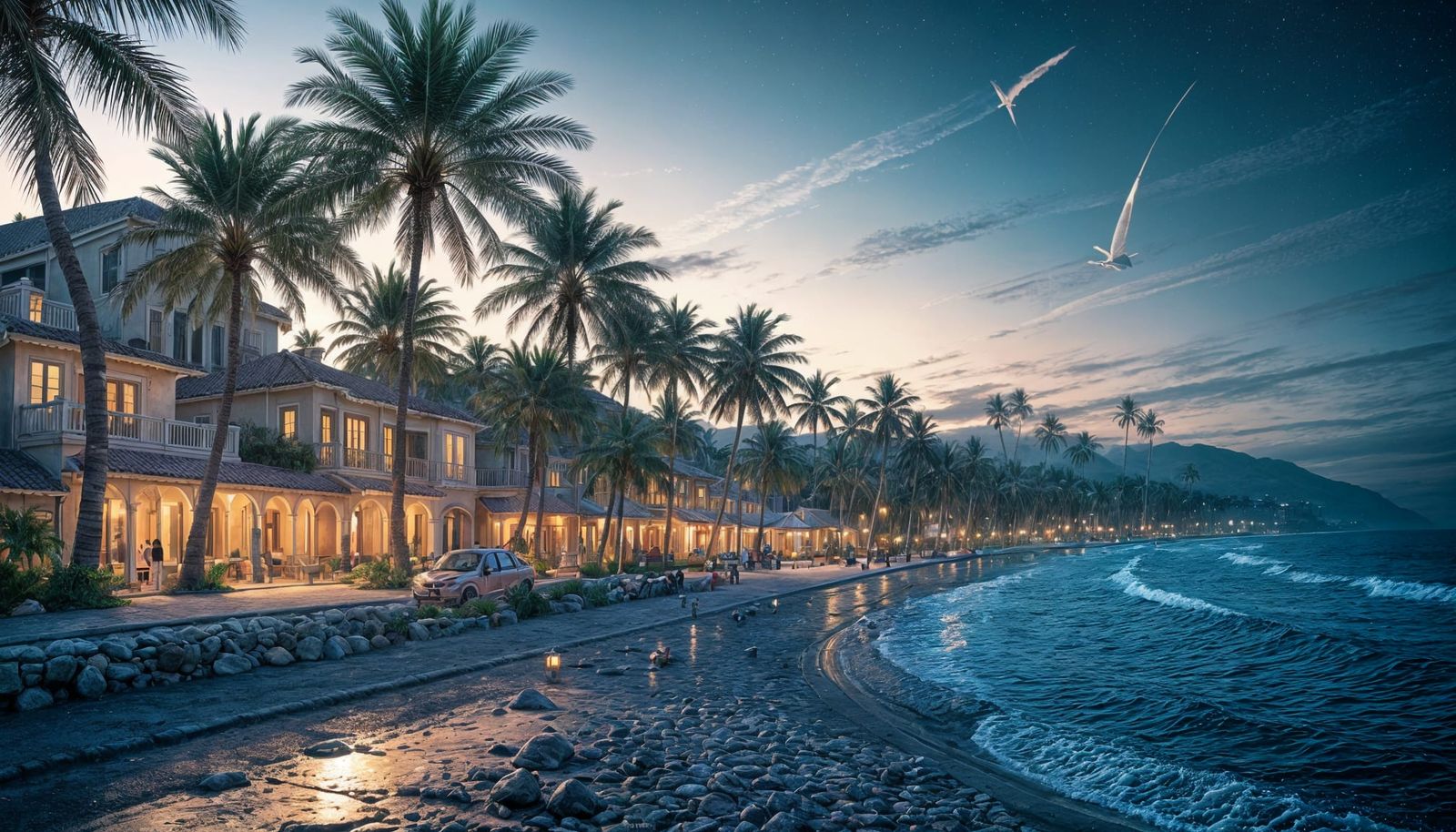 Surreal Palm Tree Beach at Night: Fantasy Concept Art