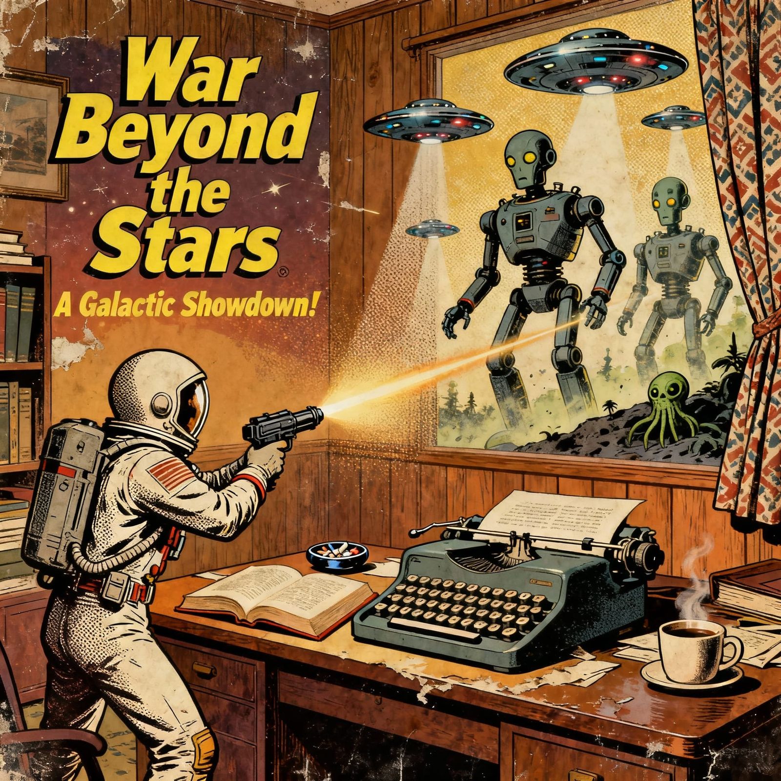 Retro Sci-Fi Pulp Cover: Astronaut Battles Alien Robots