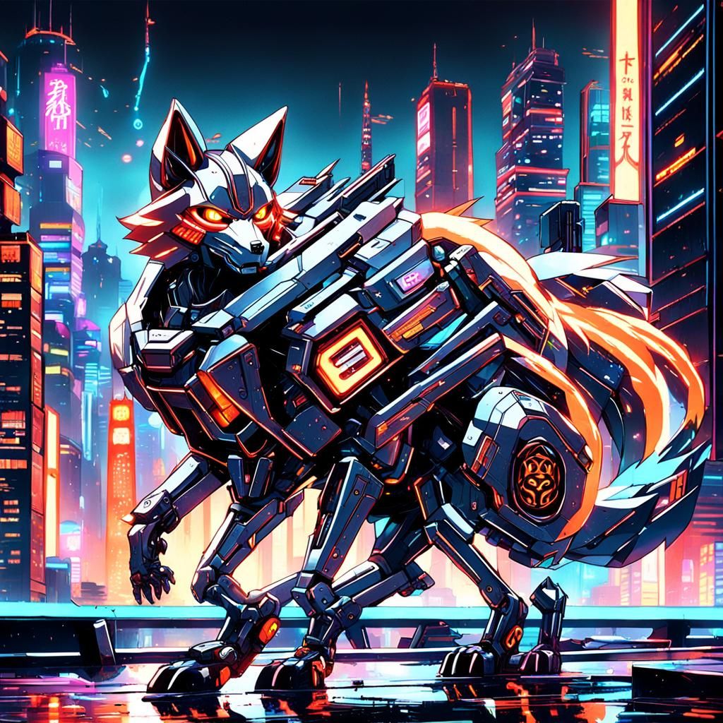 Mecha Kitsune in Futuristic City, Anime Style