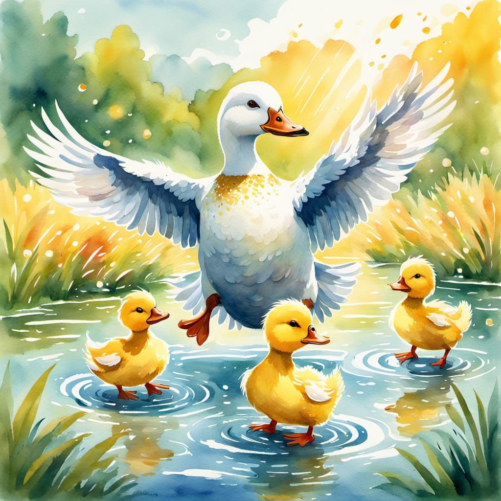 Dancing Ducklings in Sunny Meadow Watercolor Art