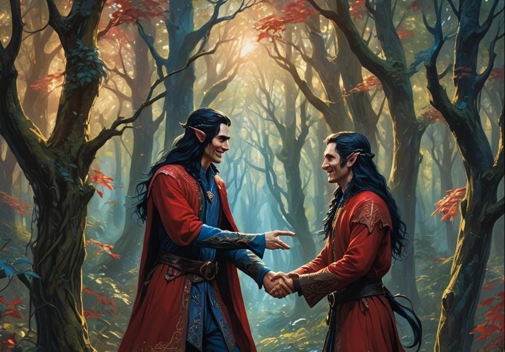 A tall male elf with very long black hair, blue eyes and wea...