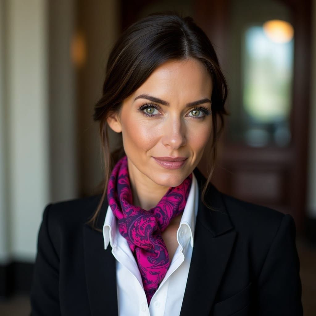 Confident Businesswoman in Fuchsia Paisley Scarf