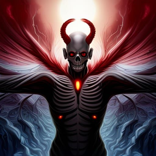 Winged Skeletal Humanoid with Glowing Eyes in Fantasy Art