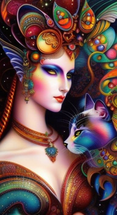 Calico Woman Surrounded by Cats in Fantasy Watercolor