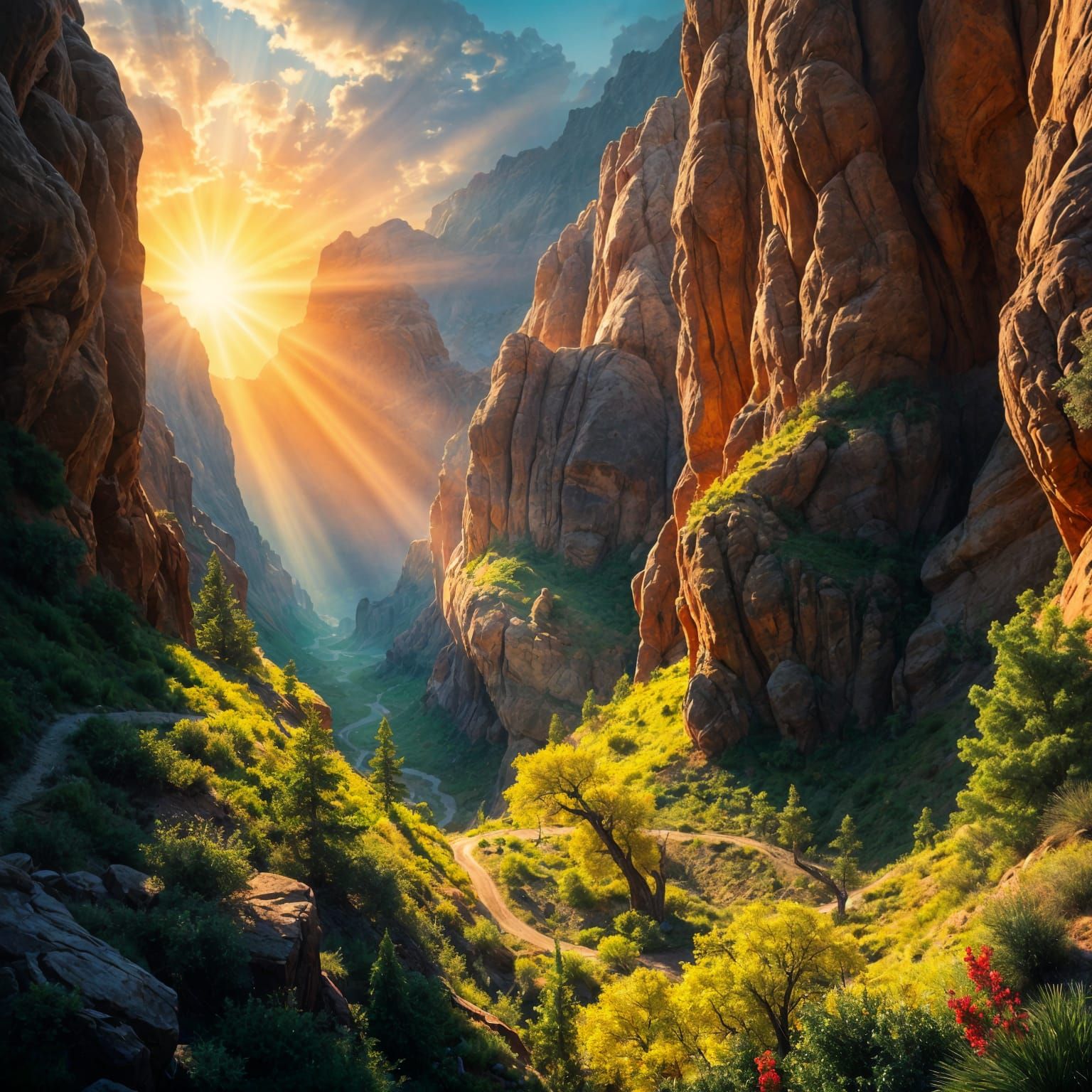 Epic Fantasy Landscape with Golden Sunbeams and Verdant Vall...