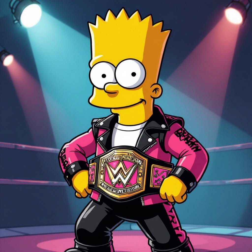 Bart Simpson as Bret 'The Hitman' Hart with WWE Title