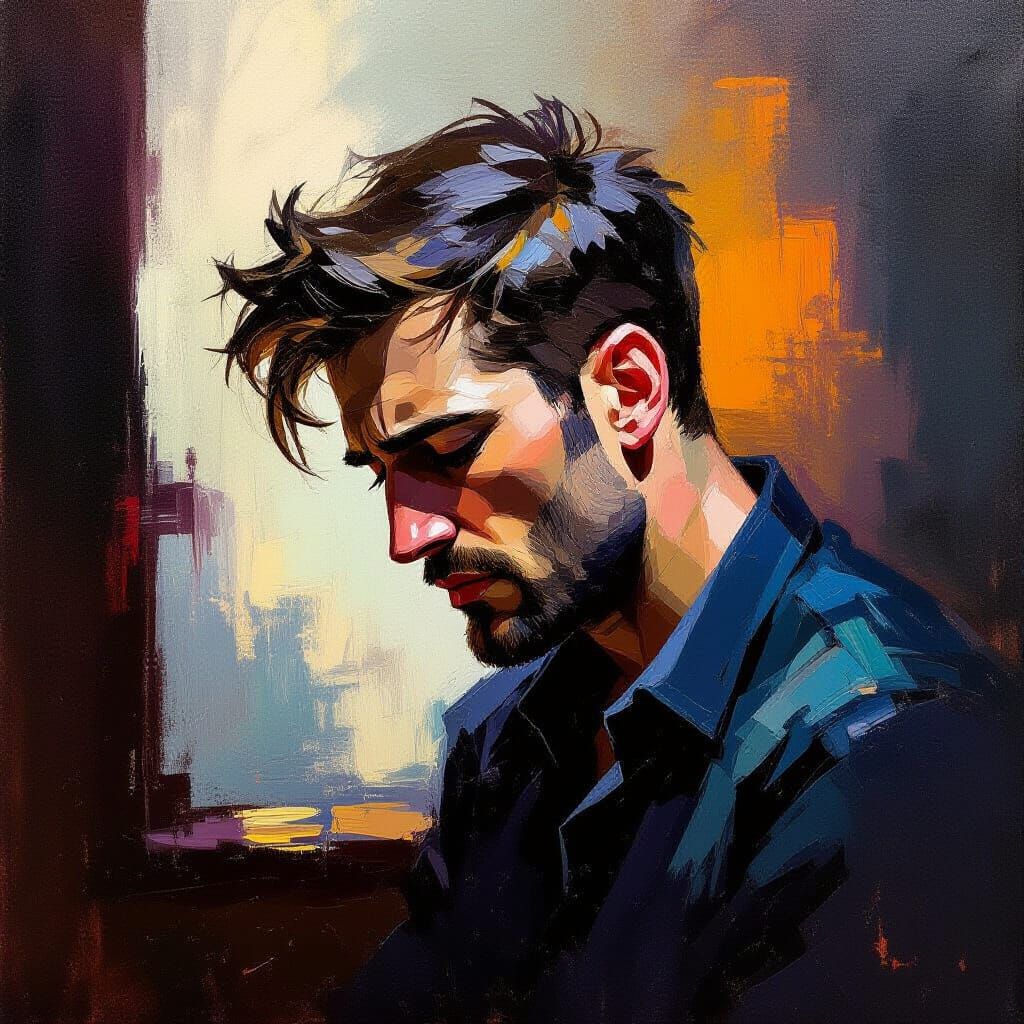 Melancholic Man Contemplating in Impressionist Oil Painting
