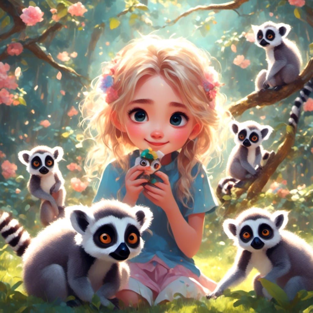 Cute Girl with Lemurs in Pastel Anime Style