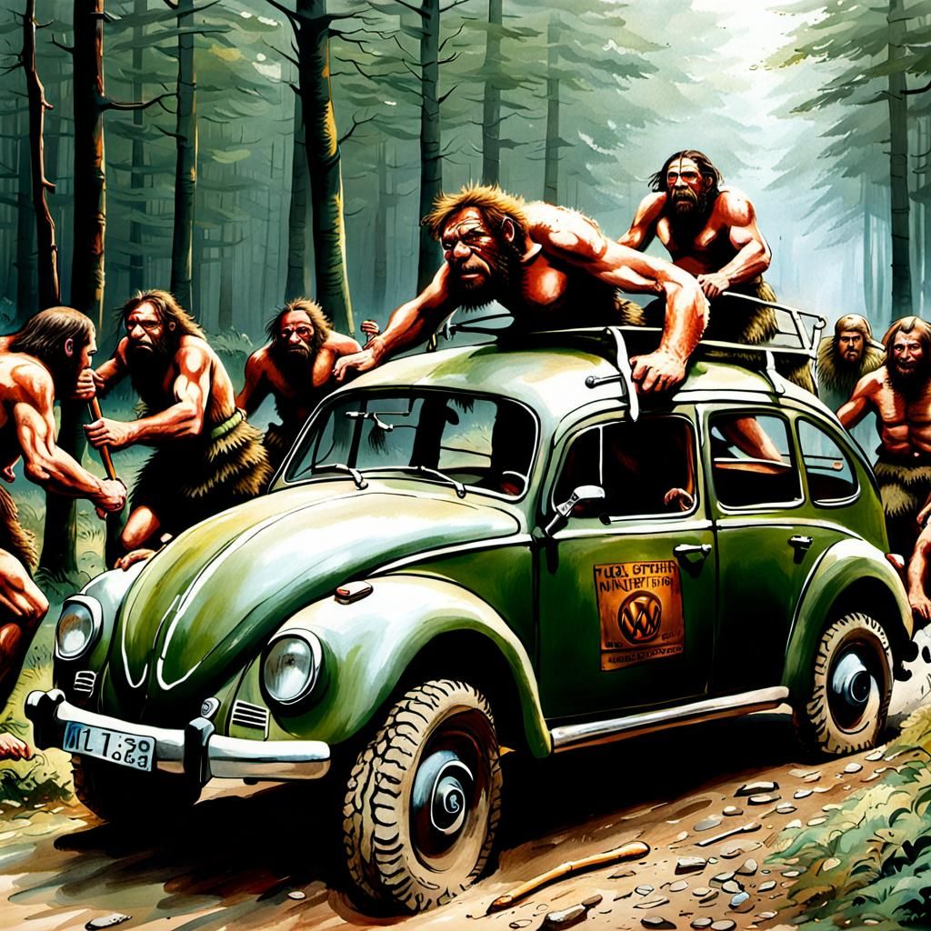 Neanderthal Hunters Dragging Captured Volkswagen