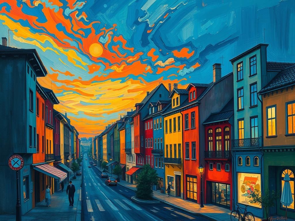 Vibrant Cityscape at Dusk in Expressionist Style