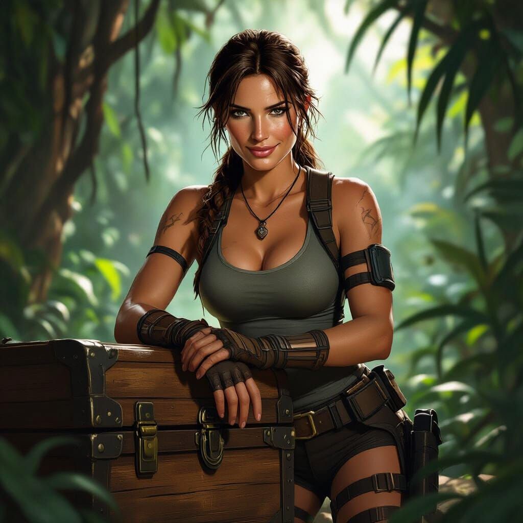 Lara Croft's Mellow Smile on Adventure Chest
