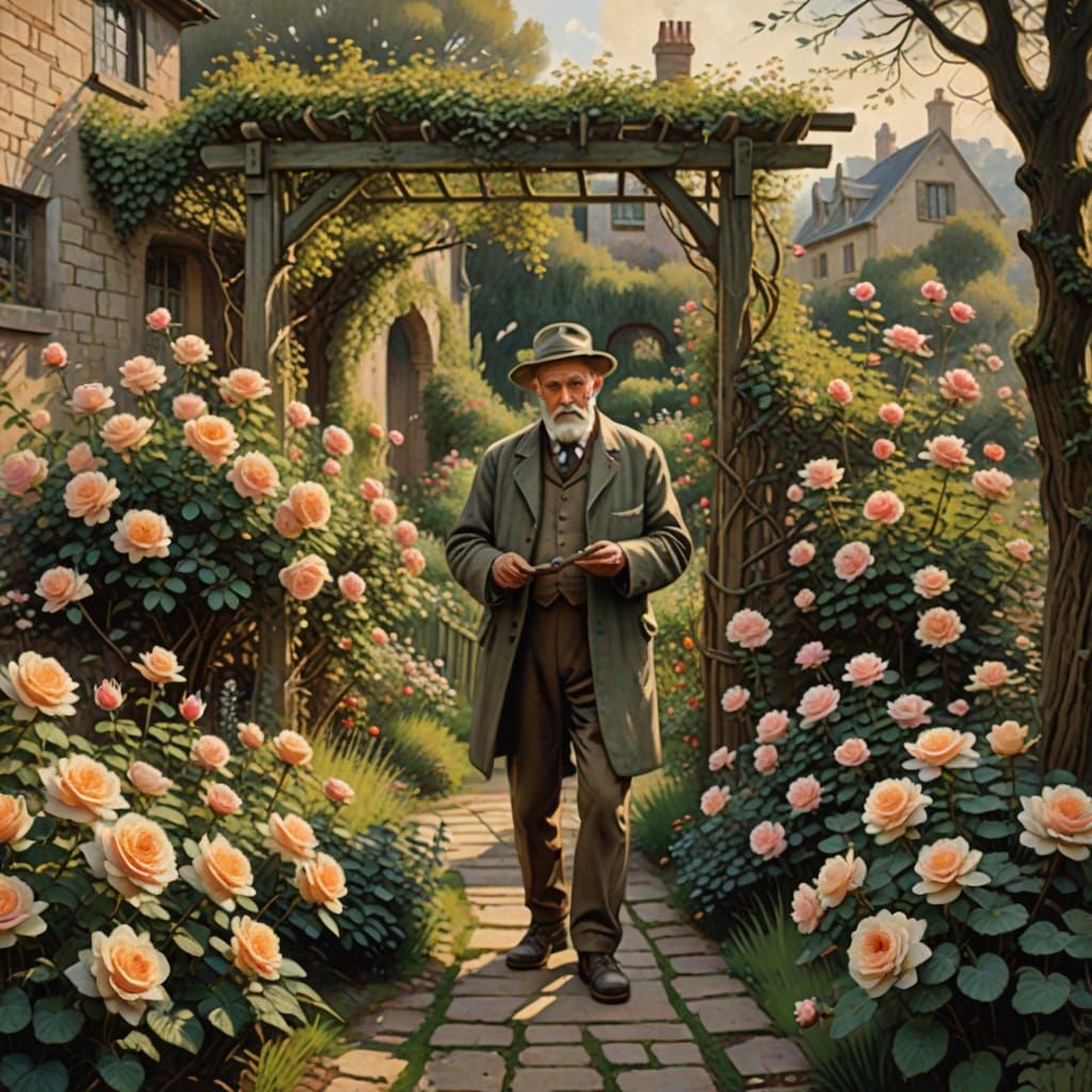 A Gentle Gardener in a Lush Rose Garden
