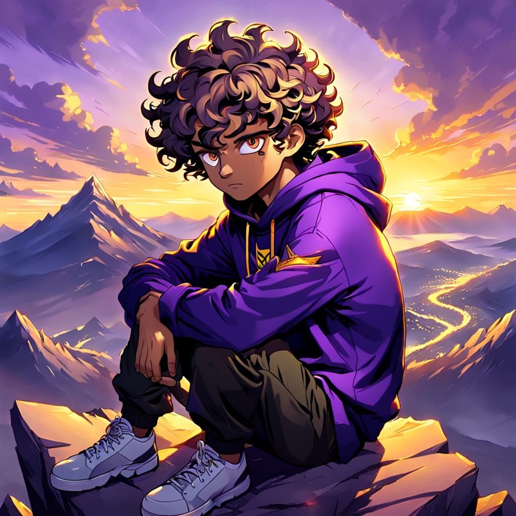 Mysterious Youth Sits atop a Mountain, Gazing at Sunset