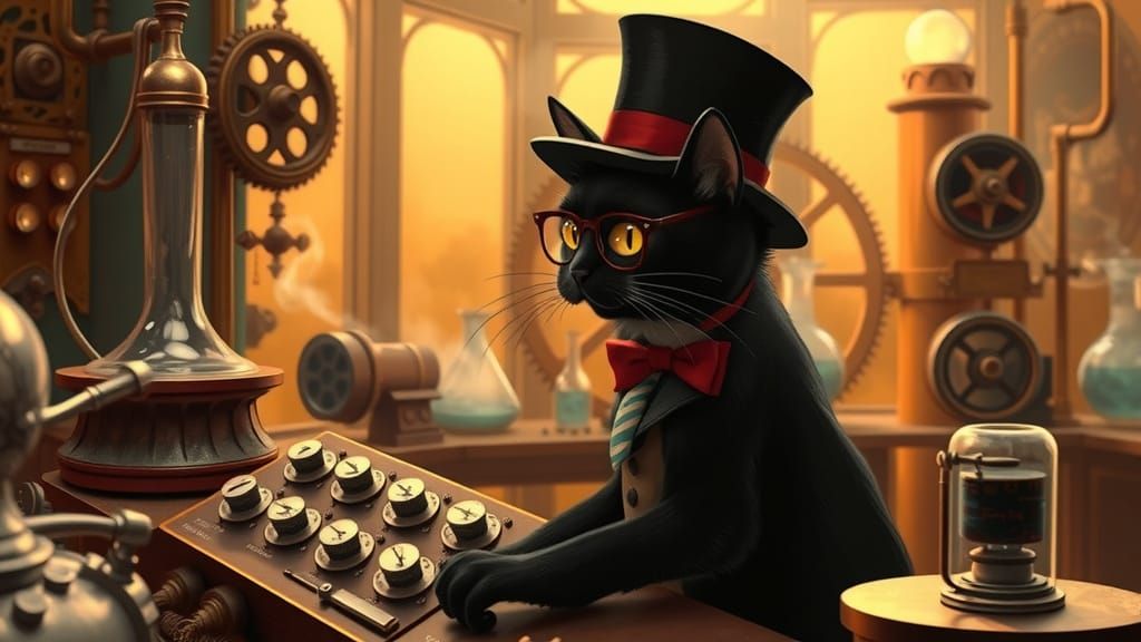 Steampunk Cat at Victorian Control Panel