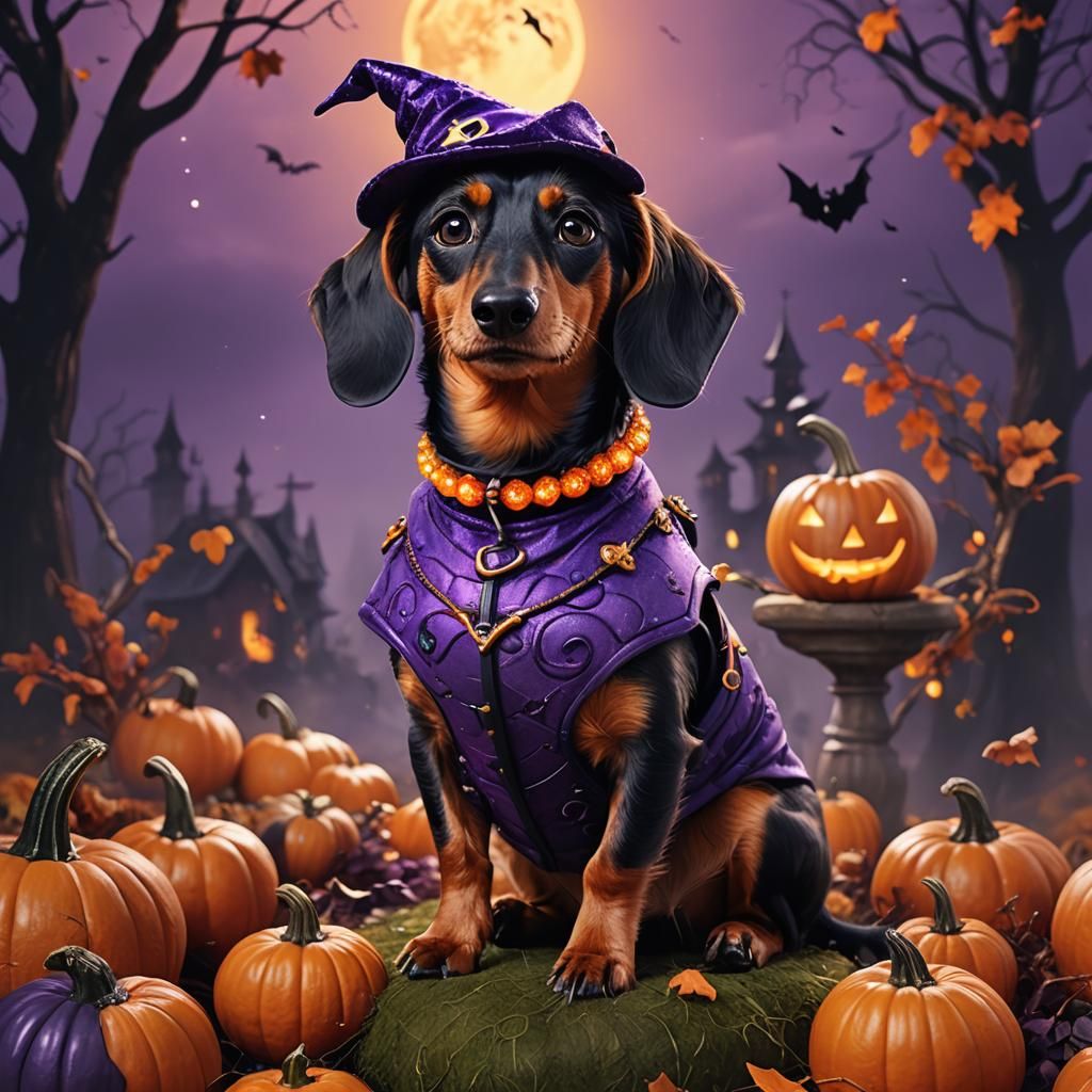 Dachshund in Halloween Costume, Digital Matte Painting