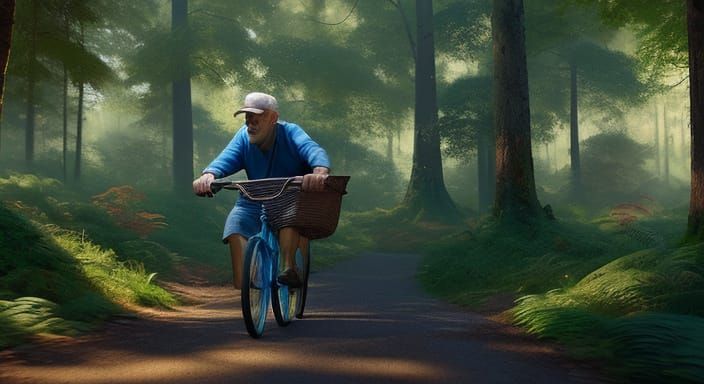 Vibrant Forest Scene of a Hiker Riding a Tricycle with Mushr...
