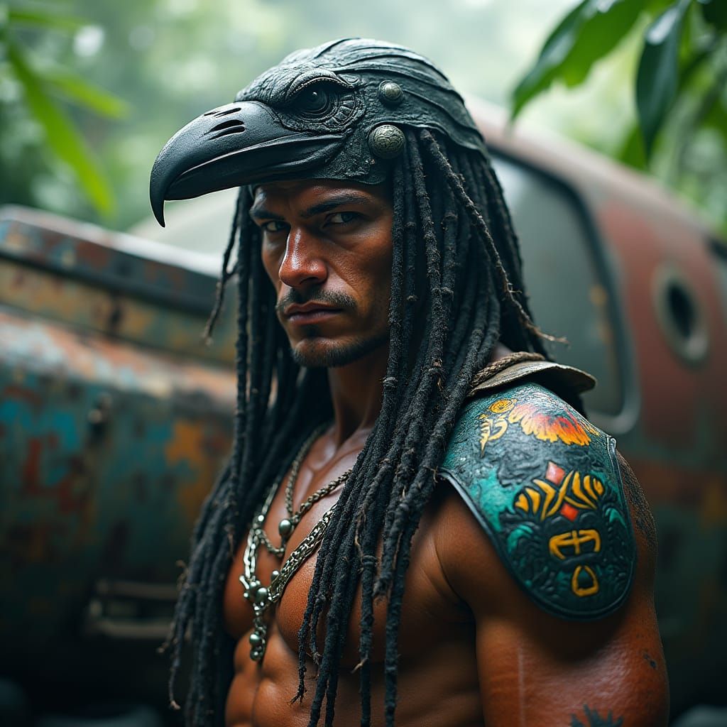 Futuristic Aztec Warrior in Sci-Fi Jungle