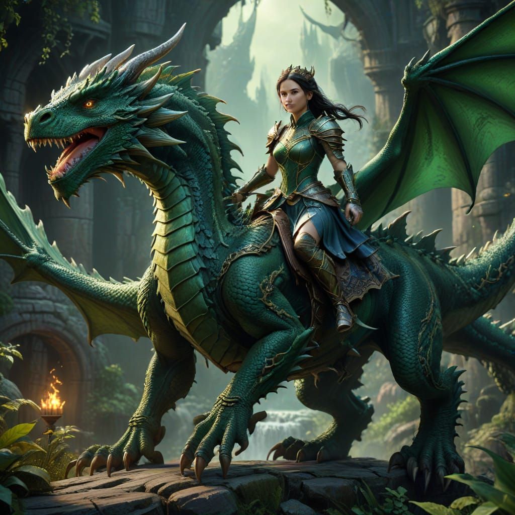Fantastical Princess Rides a Majestic Green Dragon