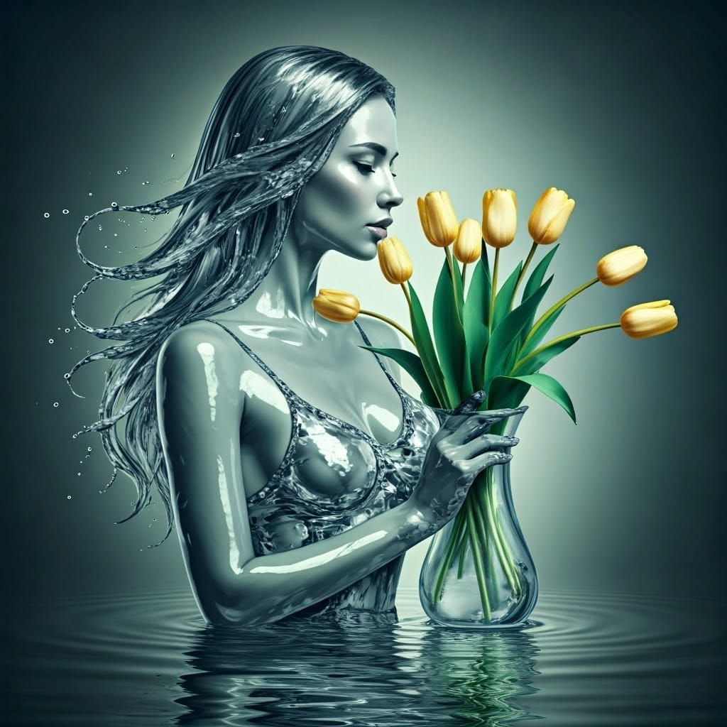 Ethereal Water Woman Holds Shimmering Aquatic Tulips