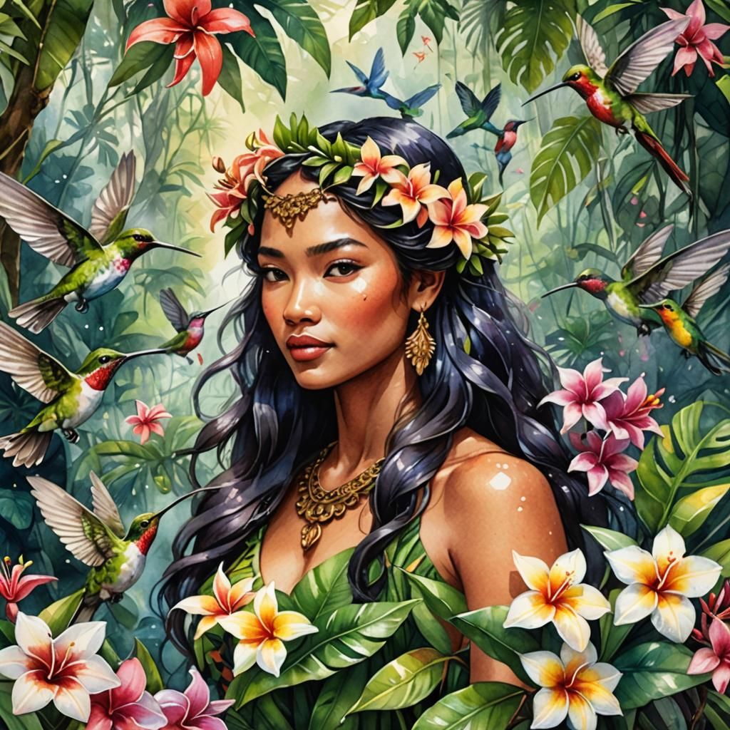 Hawaiian Goddess in Rainforest Watercolor Illustration