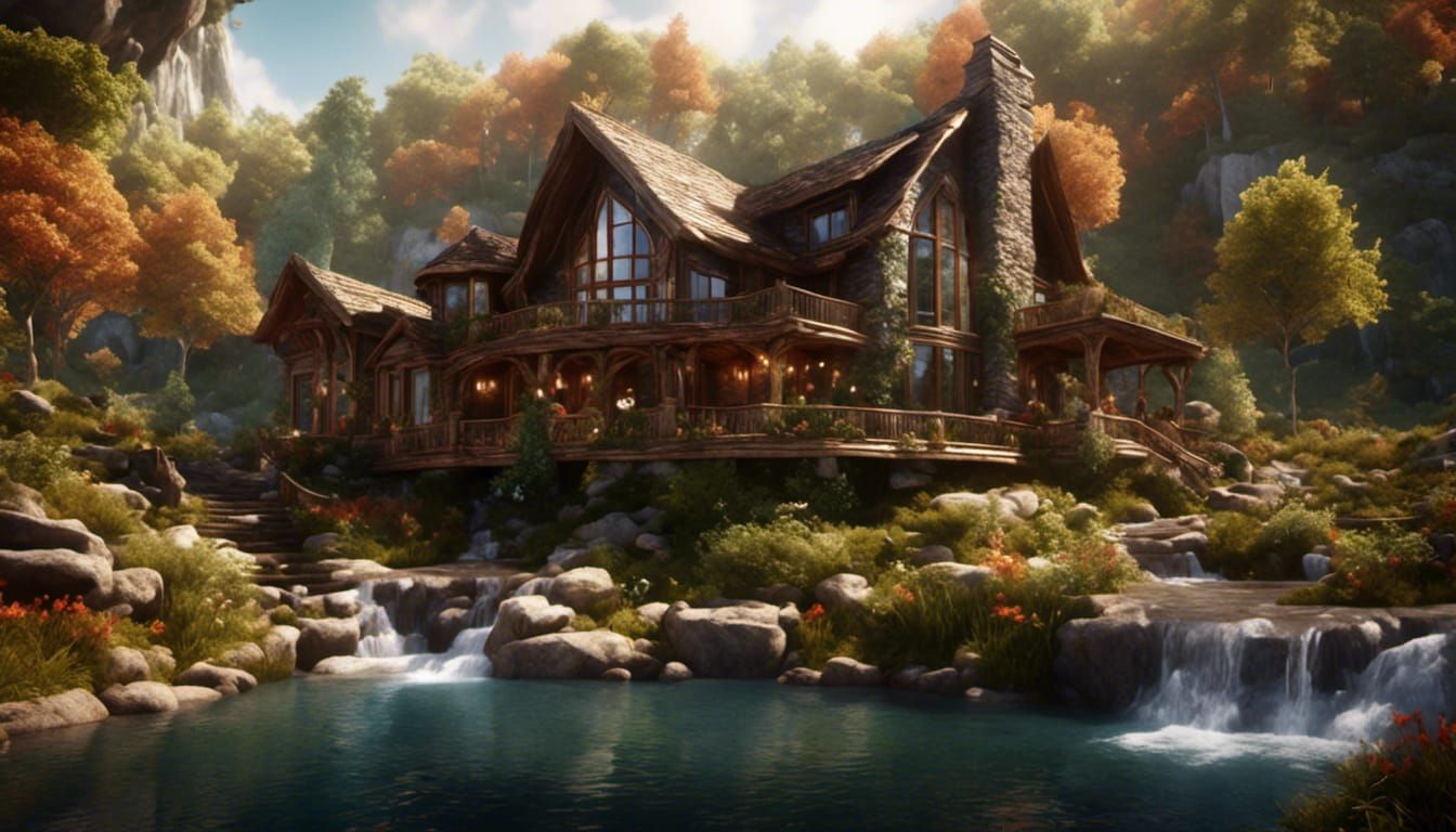 Fantasy House on Cliffs with Waterfall