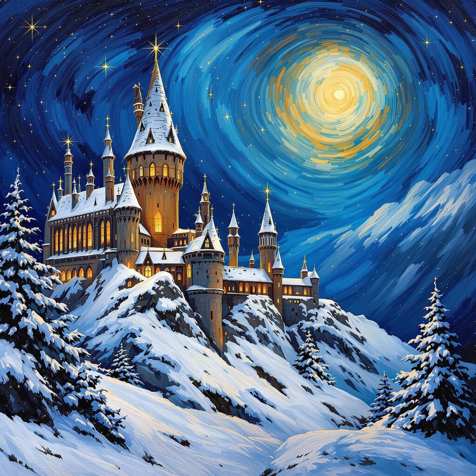 Hogwarts Castle at Christmas in Vibrant, Expressive Post-Imp...