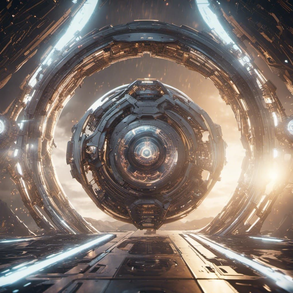 Futuristic Starship Jumps Through Time Portal Vortex
