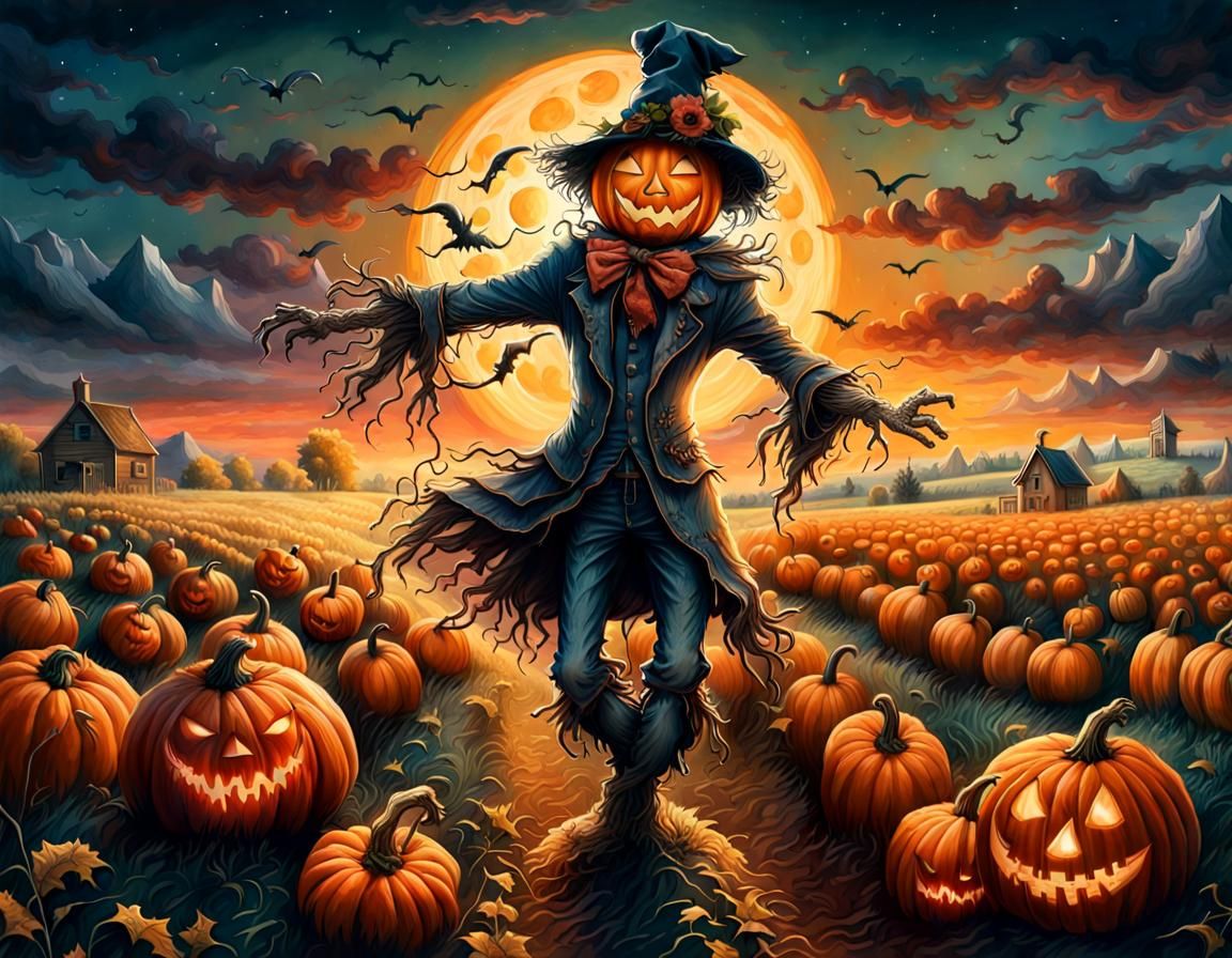 Dancing Scarecrow with Pumpkin Head in Pen and Ink