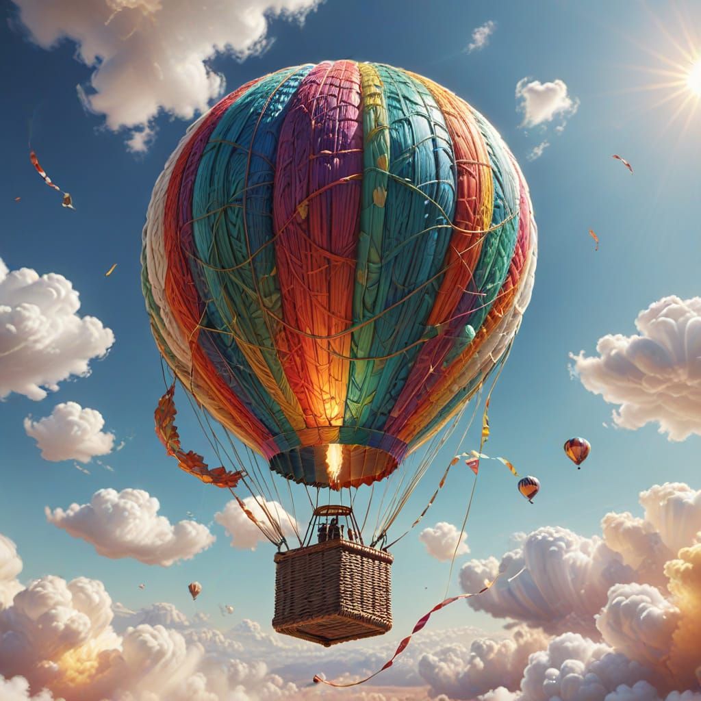 Vibrant Hot Air Balloon Made of Threads: Digital Art
