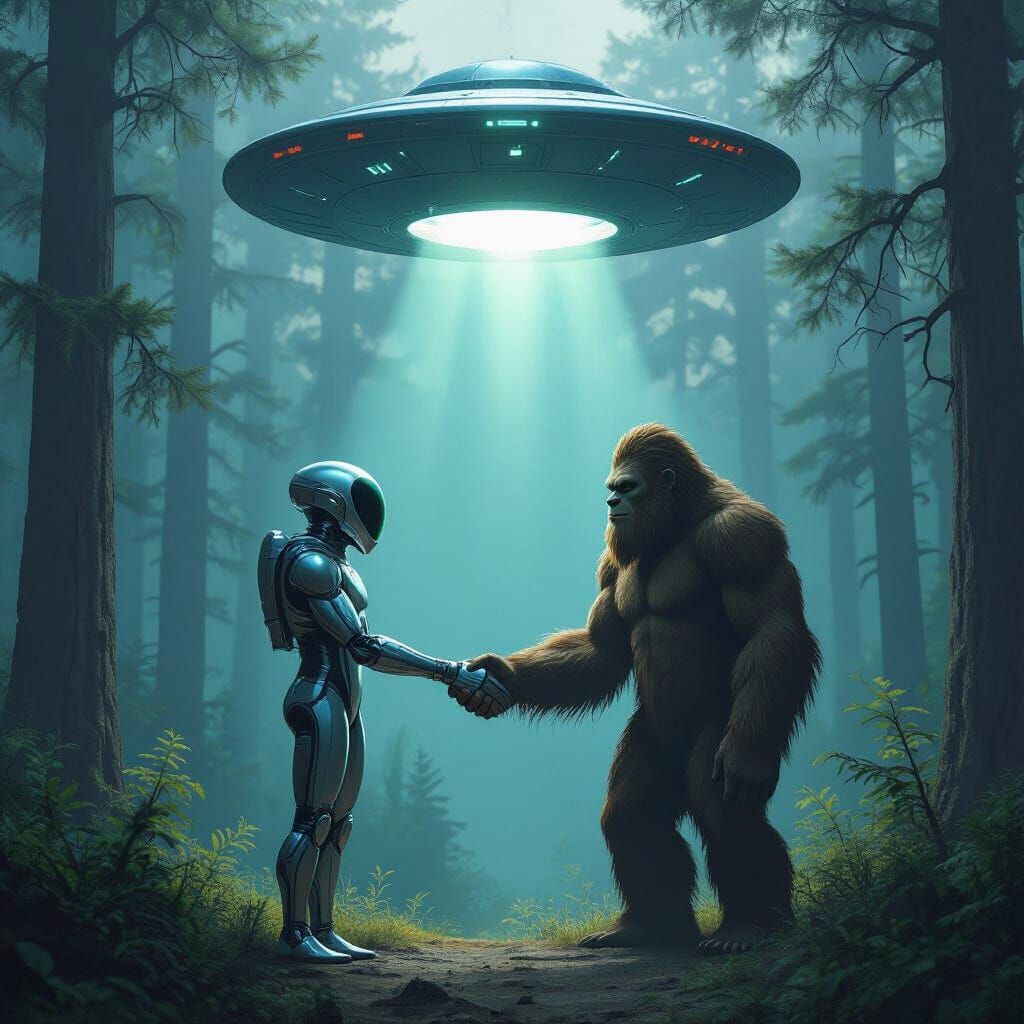 Alien Meets Sasquatch: UFO Encounter in Dark Forest