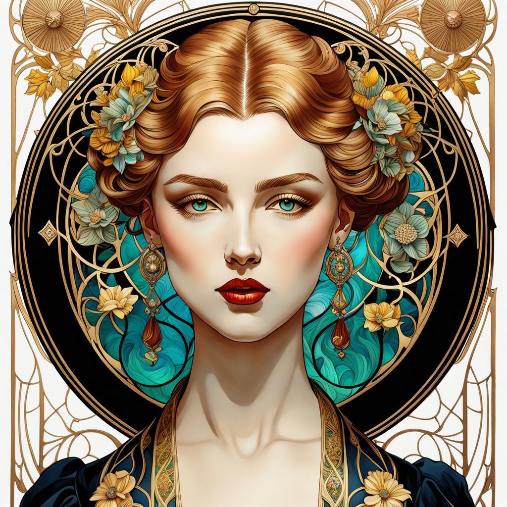 Art Nouveau Female Portrait with Ink Outlines