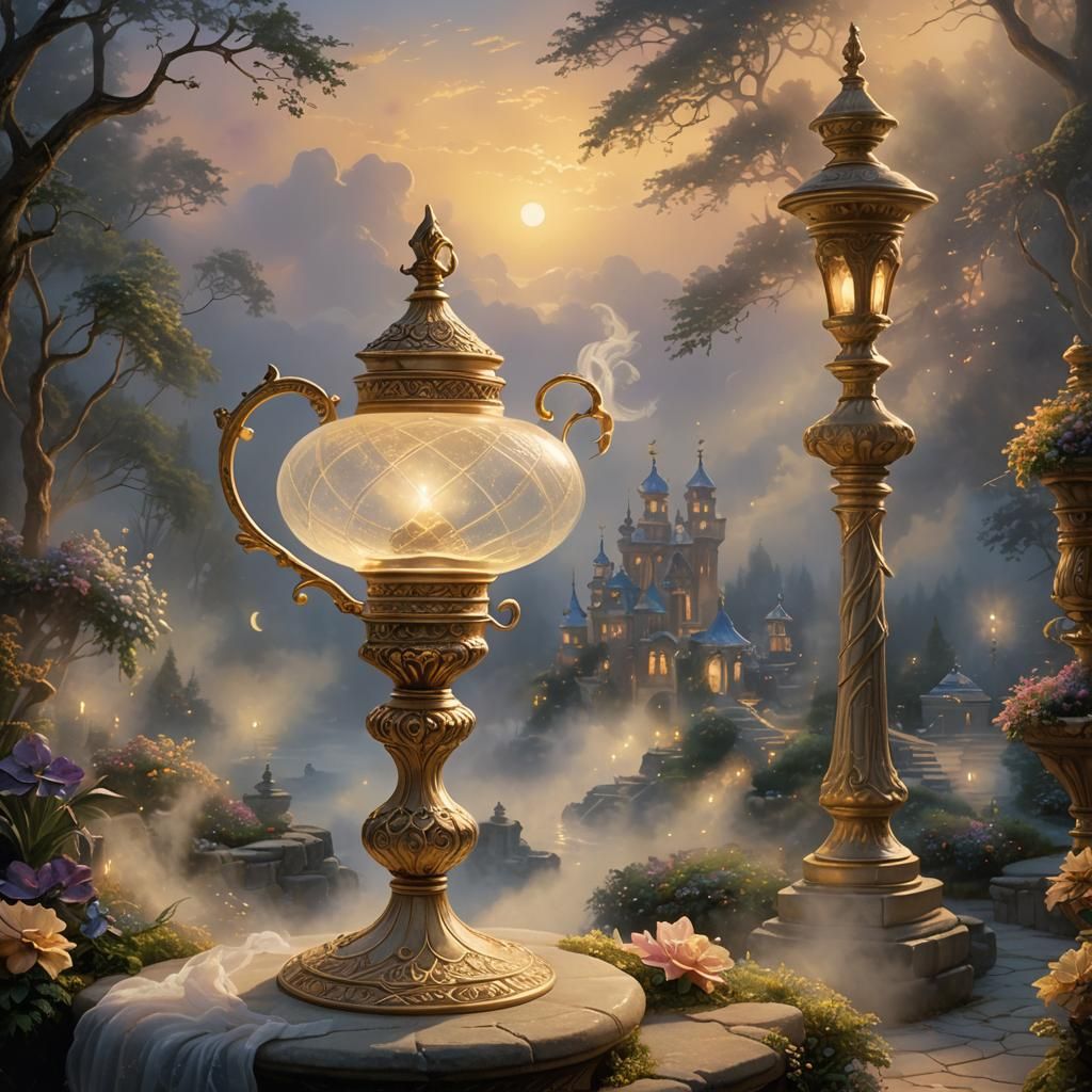 Glowing Genie Lamp on Misty Pedestal