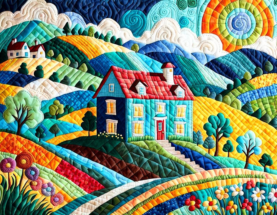 Quilted Mural of House on Hill in Naive Art