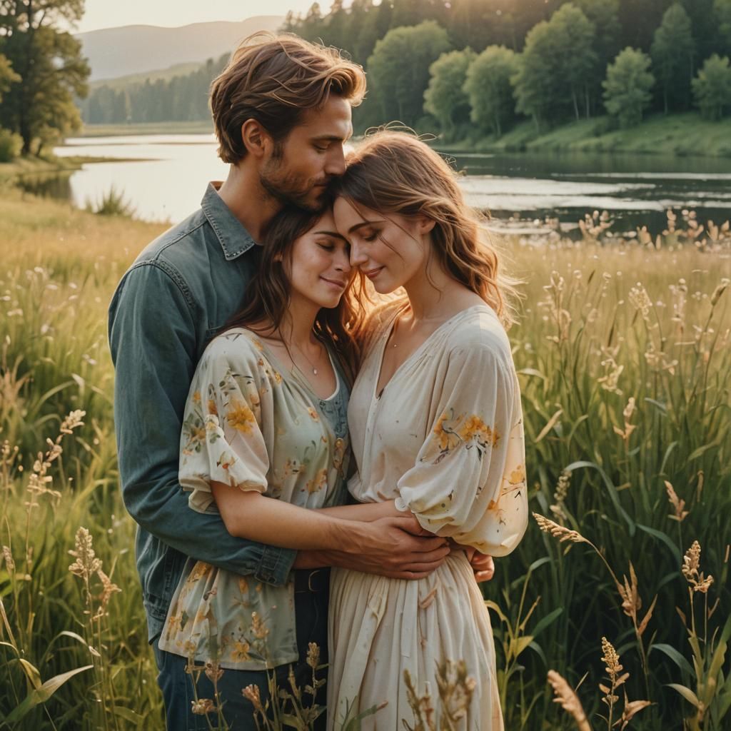 Happy Couple Embrace in Golden Meadow: Watercolor Style