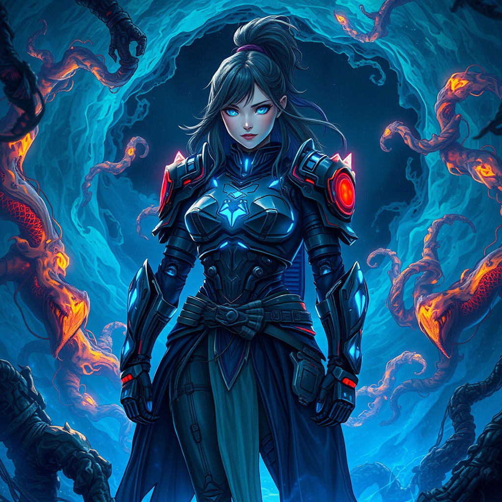 Cybernetic Warrior in Bioluminescent Dreamscape, Cel-Shaded ...