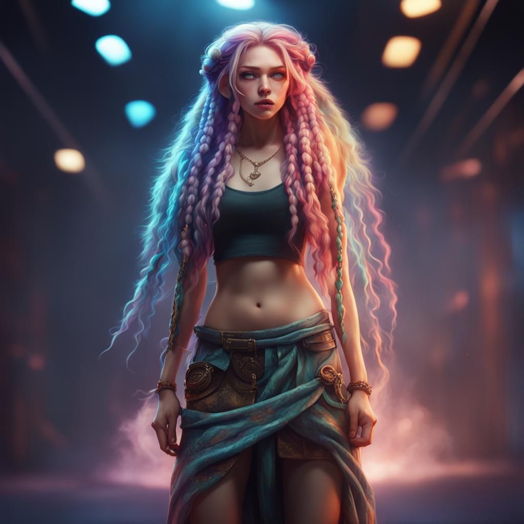 Girl with Wild Multicolor Braided Hair