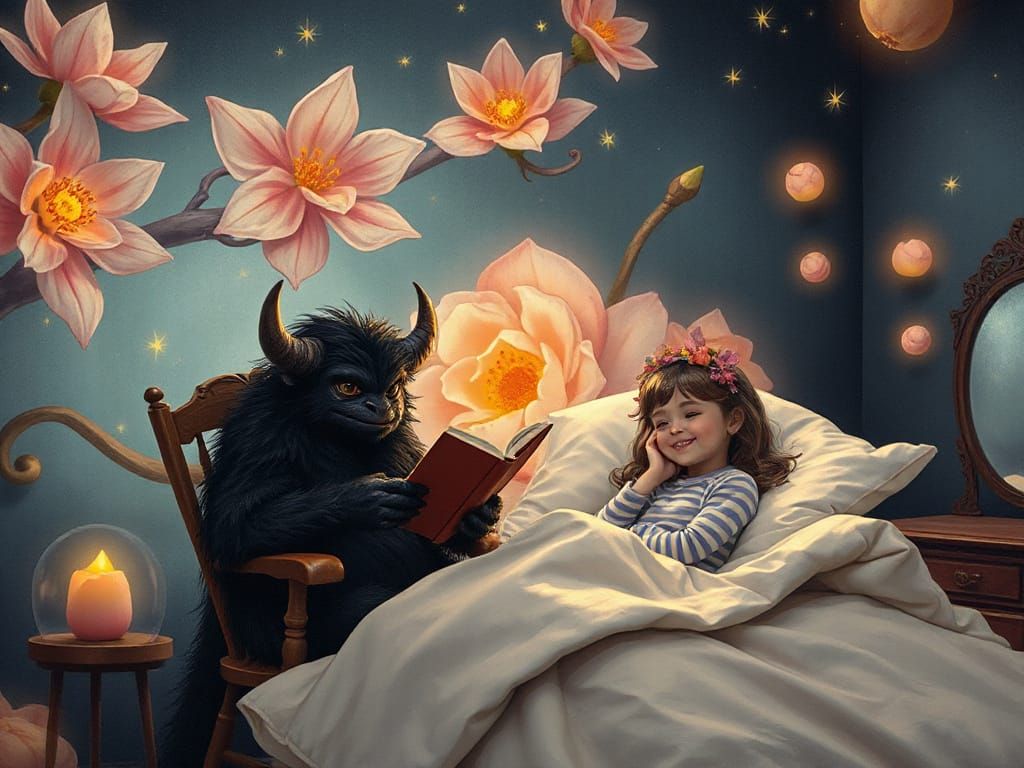 Whimsical Creature Reading to a Girl in Fantasy Bedroom