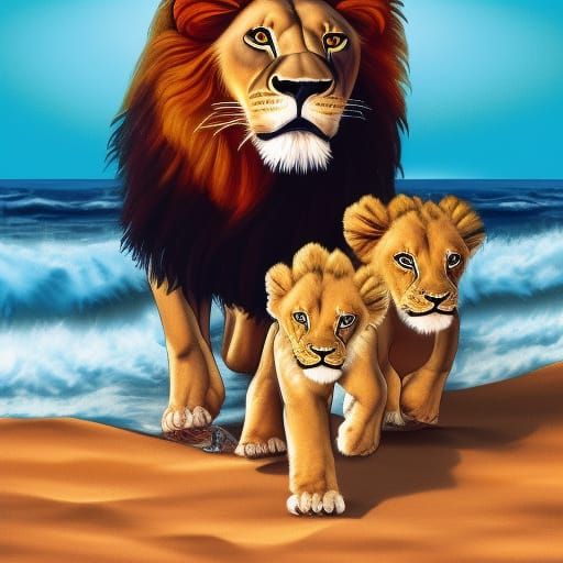 Lioness and Cubs on Beach in Splash Art Style