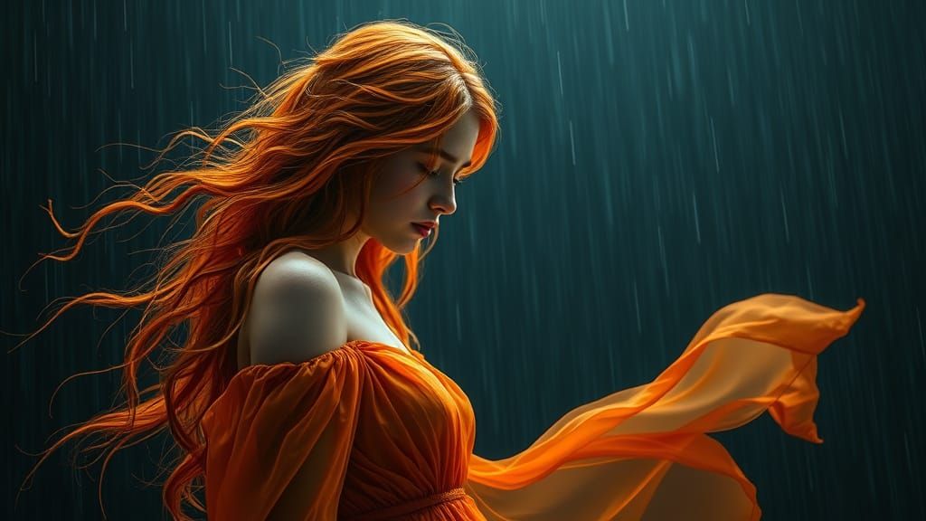 Fiery Haired Woman in Rain, Hyperrealistic Portrait