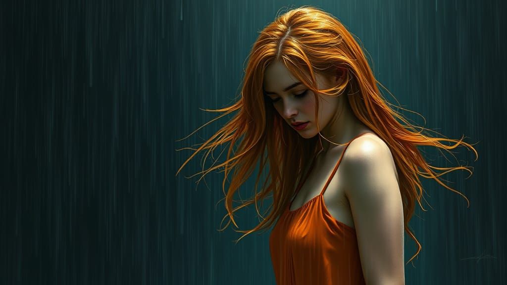 Sad Woman with Fiery Hair in the Rain
