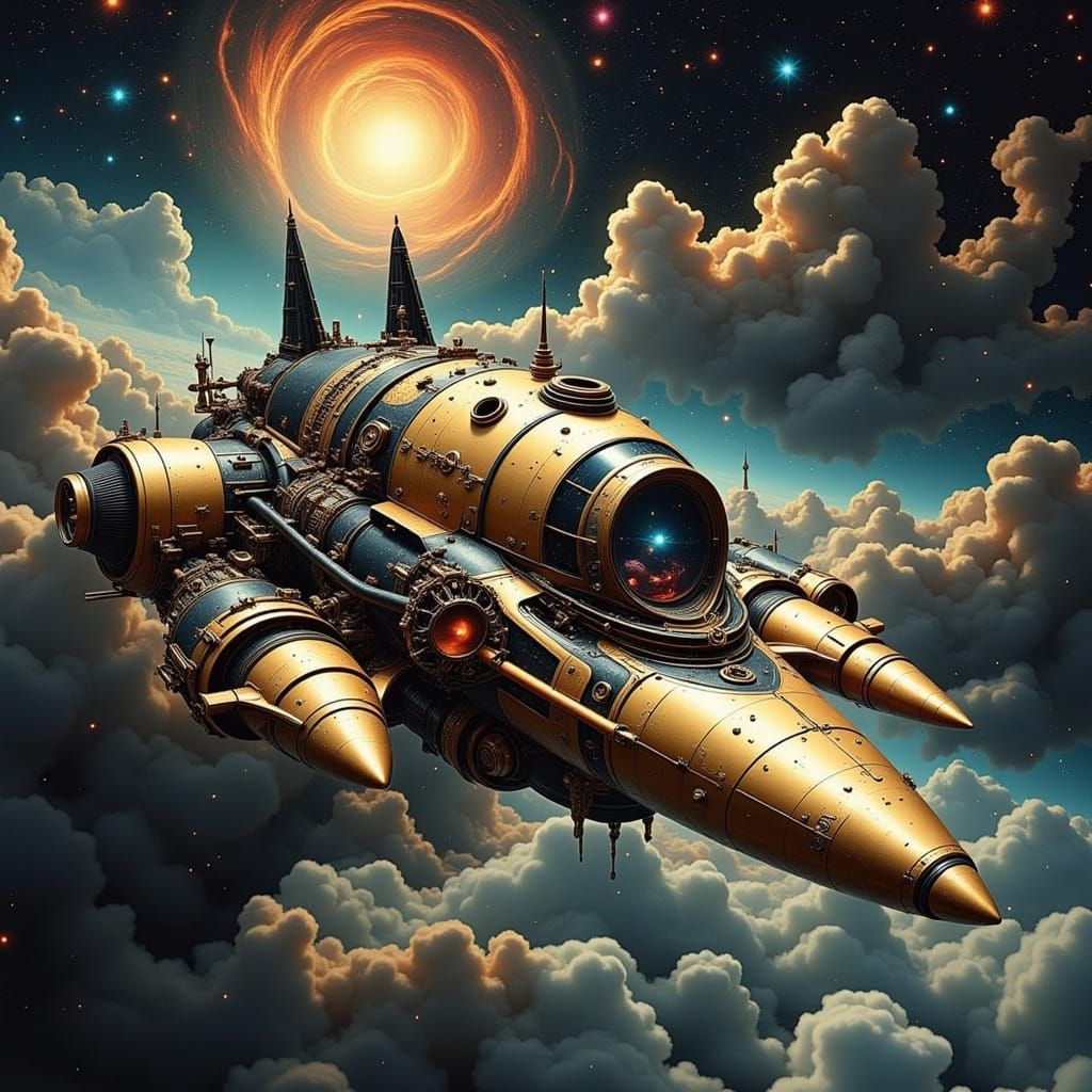 Rococo Spacecraft Soaring Through Nebula in Sci-Fi Scene