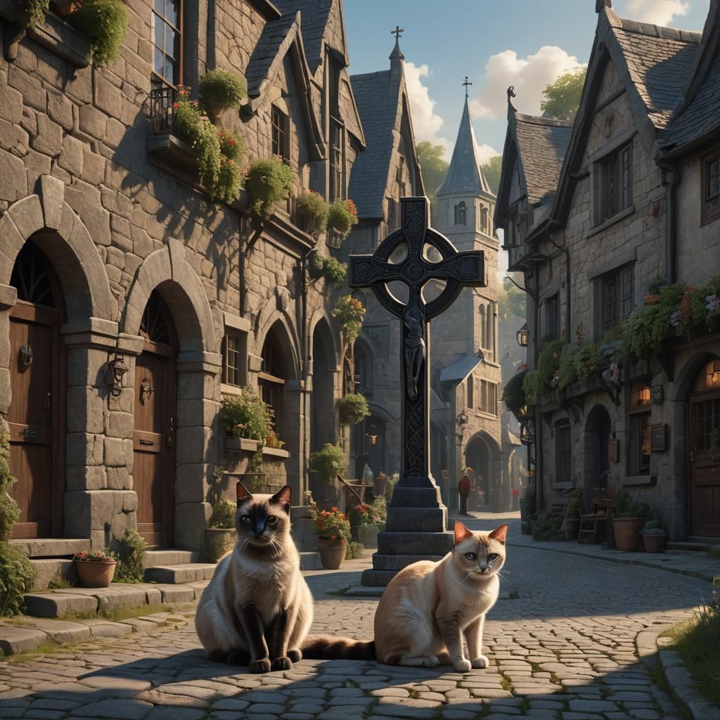 Charming Irish Village Street with Siamese Cat