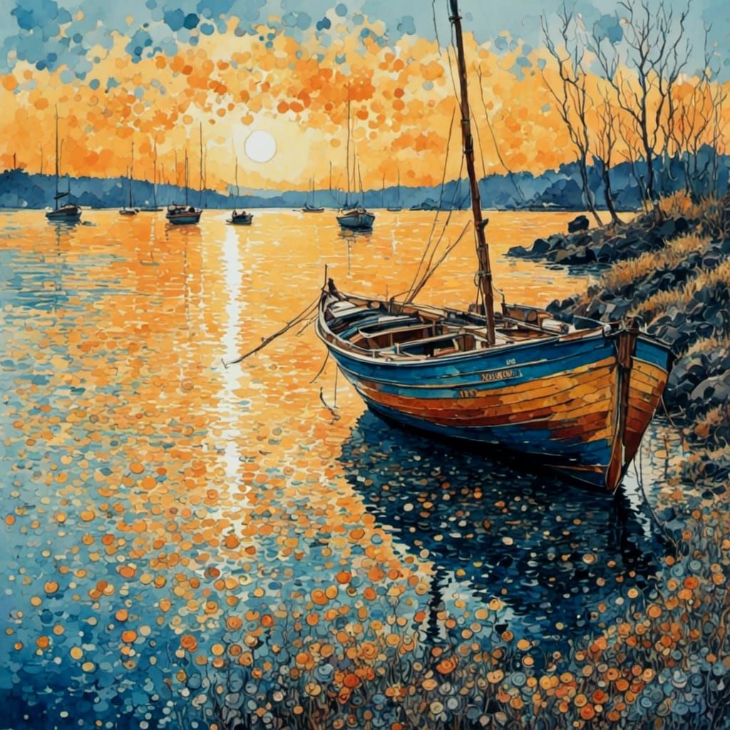 Impressionist Seascape with Golden Sunset and Small Boat