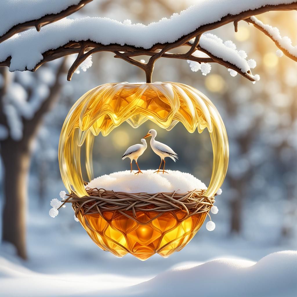 Glass Apple Stork Nest on Snowy Branch, Hyperrealistic