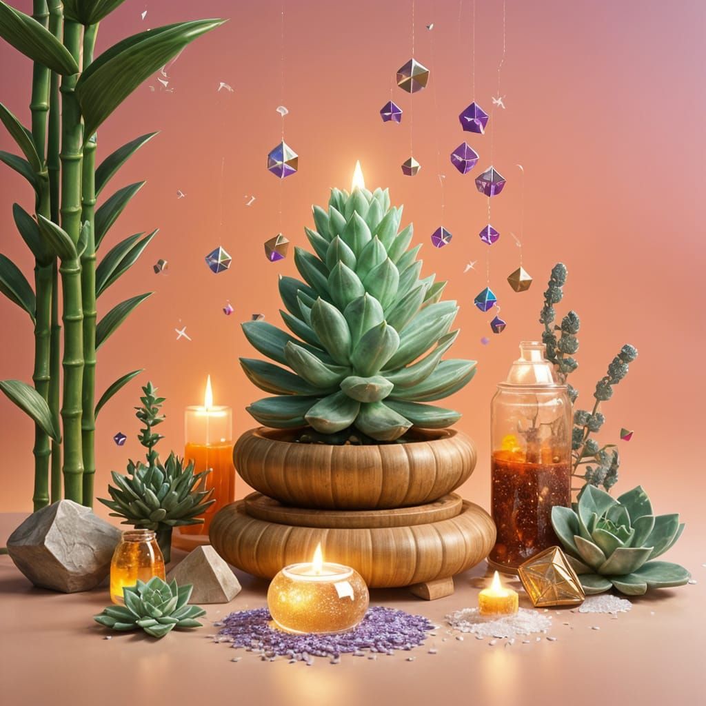 Zen Botanical Still Life with Crystals in 3D