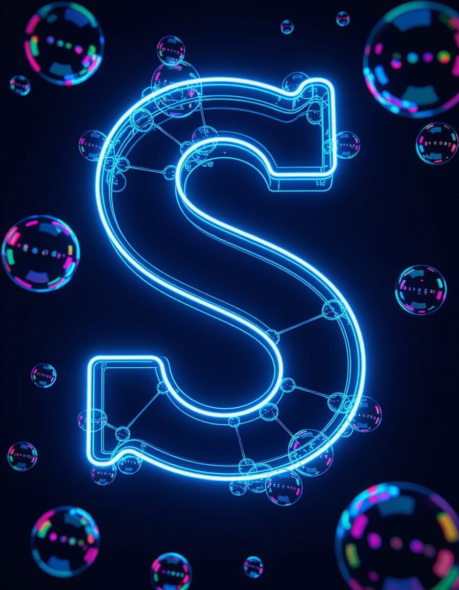 Glowing 3D Letter S with Soap Bubbles