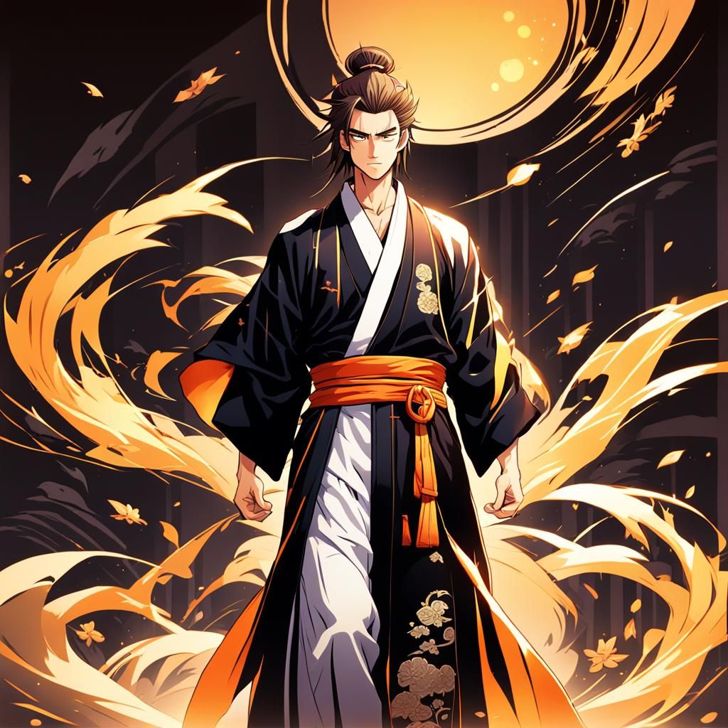 Anime Jujutsu Sorcerer in Black Kimono Illustration